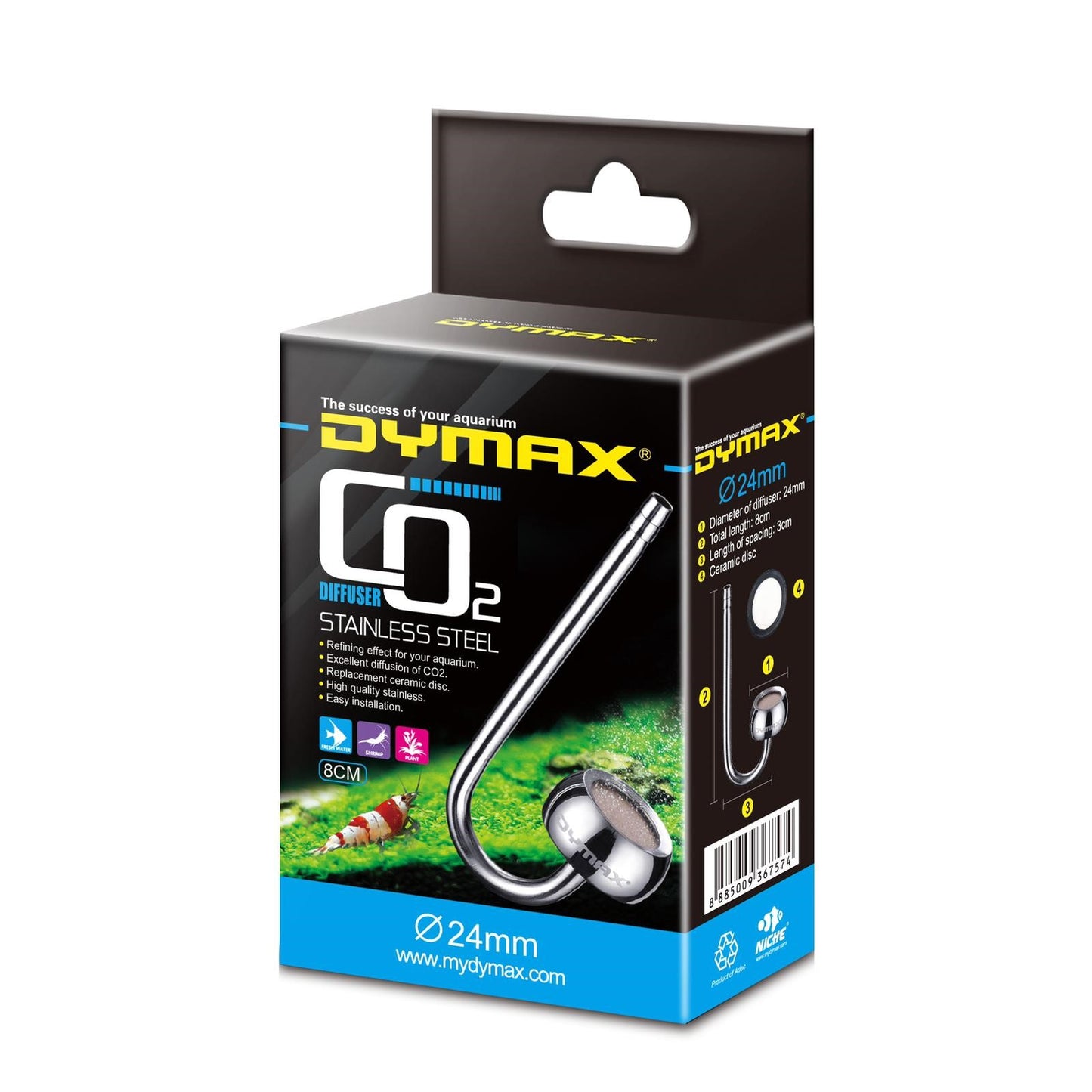 Dymax Stainless Steel CO2 Diffuser 24mm Dia 8cm Length